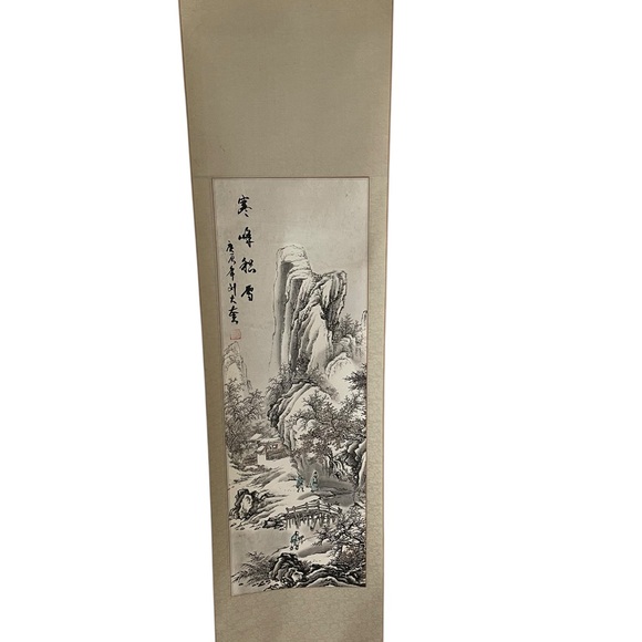 Shan Shui Ink On Paper Landscape Hanging Serene Gray Mountain Scroll Art